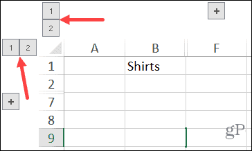 الأعمدة المجمعة وأزرار عدد الصفوف في Excel على Windows