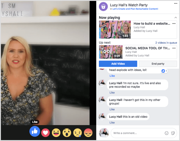 يمكن لأعضاء المجموعة التعليق على مقاطع الفيديو والرد عليها أثناء حفلة مشاهدة على Facebook.