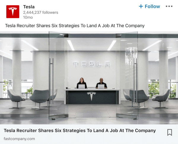 مثال على نشر صفحة شركة Tesla LinkedIn.