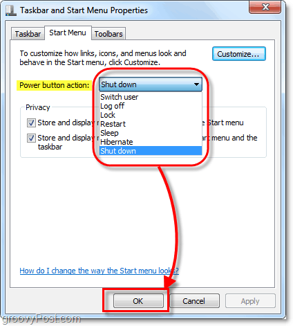 تغيير عمل زر الطاقة لقائمة ابدأ في نظام التشغيل Windows 7