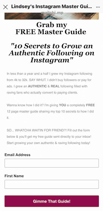 مثال على الصفحة المقصودة لمغناطيس الرصاص الذي تم الترويج له في قصة Instagram