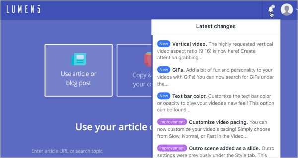 انقر فوق قائمة الإشعارات لقراءة المزيد حول أحدث التغييرات والتحسينات على Lumen5.
