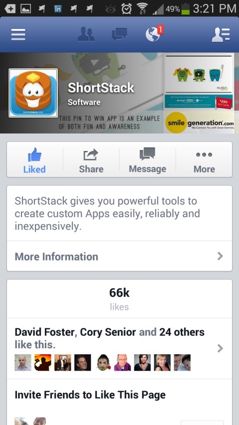 صفحة facebook Shortstack على الجهاز المحمول