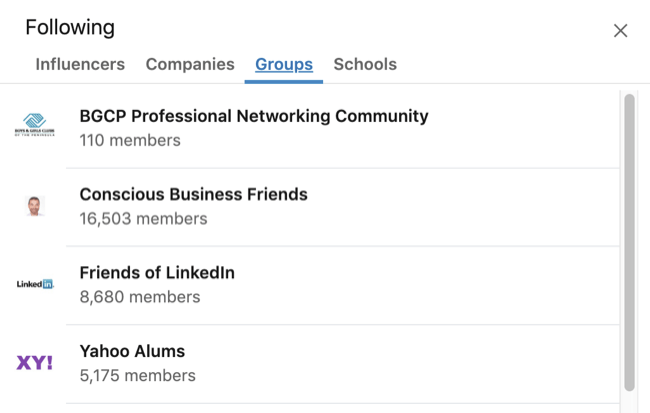 مربع الاهتمامات الموسعة لملف تعريف LinkedIn مع تحديد علامة تبويب المجموعة