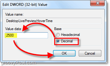 ضبط خصائص الكلمة المزدوجة إلى بيانات عشرية وقيمة إلى 2500 لنظام التشغيل Windows 7 DesktopLivePreviewHoverTime