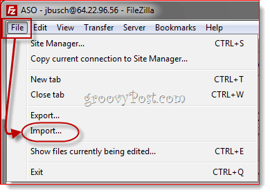 استيراد إدخالات FileZilla Site Manager