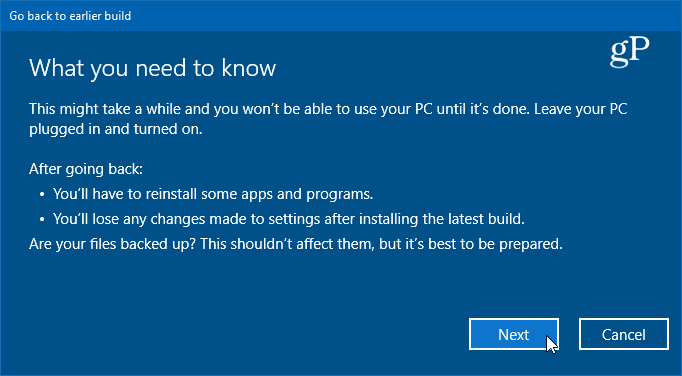 تفاصيل حول التراجع إلى الإصدار السابق من Windows 10