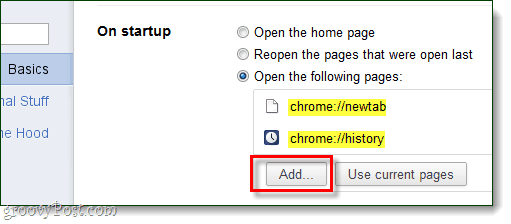 بدء تشغيل Chrome أضف صفحات لفتحها