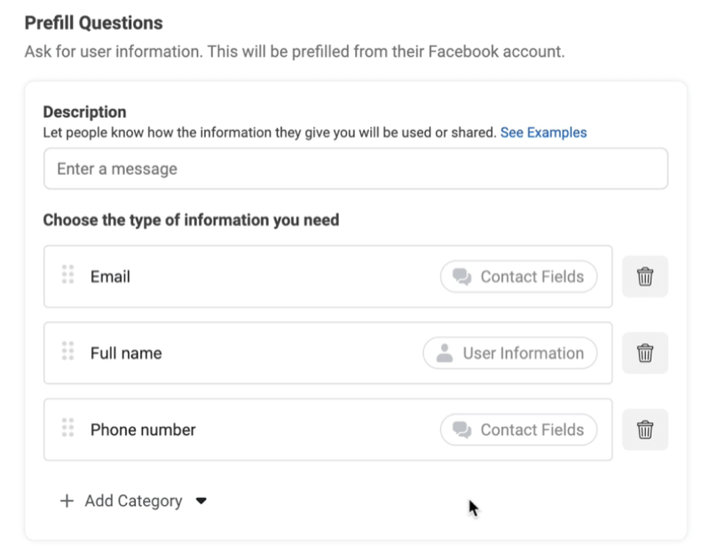 تنشئ إعلانات Facebook Lead خيار نموذج عميل محتمل جديد لإضافة أسئلة تمهيدية مع أمثلة مستخدمة للبريد الإلكتروني والاسم الكامل ورقم الهاتف