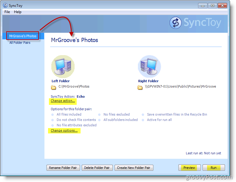 لقطة من القائمة الرئيسية لبرنامج Microsoft SyncToy