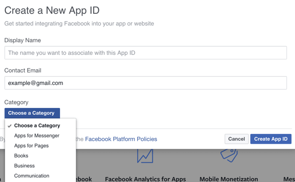 املأ التفاصيل الخاصة بتطبيق Facebook الجديد.