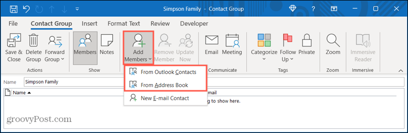أضف أعضاء إلى مجموعة جهات اتصال جديدة في Outlook
