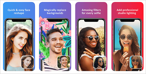 يعد Facetune 2 طريقة سهلة لإضفاء لمسة جمالية على صورك الشخصية. تُظهر معاينة iTunes App Store كيف يقوم التطبيق بضبط الوجه واستبدال الخلفية وتصفية اللون وإصلاح مشكلات الإضاءة.