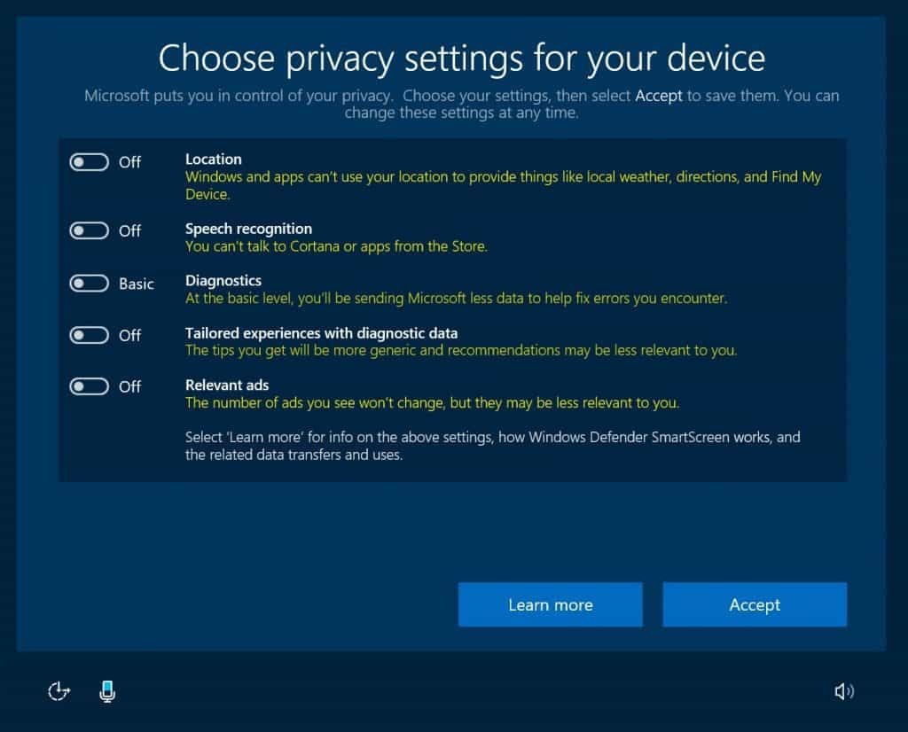 Windows 10 ، الخصوصية ، تحديث المبدعين ، OOBE