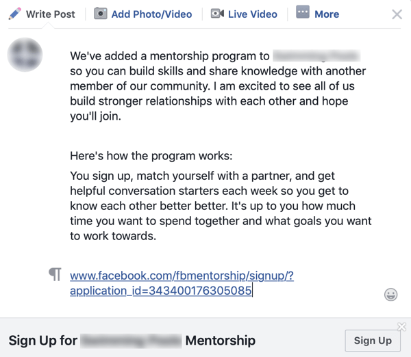كيفية تحسين مجتمع مجموعة Facebook ، مثال على إعلان جماعي لبرنامج إرشاد على Facebook