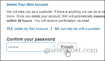 تأكيد الحذف بكلمة مرور - حذف حساب mint.com