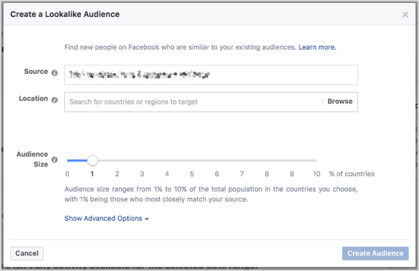 قم بتعيين حجم جمهور يشبه Facebook. يمكنك التحكم في الحجم باستخدام شريط التمرير الذي يظهر عند إنشاء الجمهور.