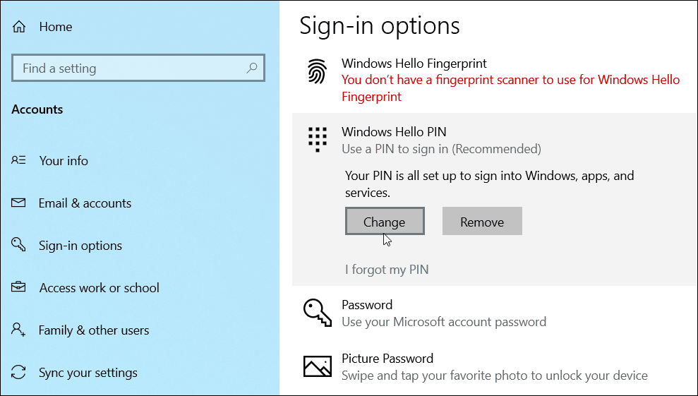 تغيير إضافة PIN Windows 10