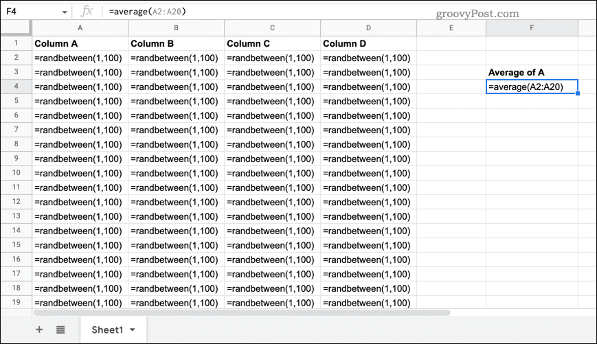 جدول بيانات Google Sheets مع الصيغ مرئية