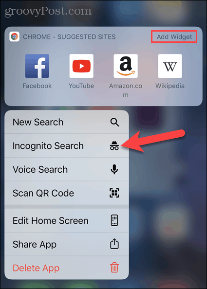 انقر فوق علامة تبويب جديدة للتصفح المتخفي من أيقونة تطبيق Chrome على iOS