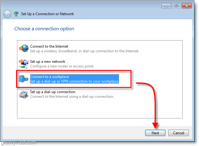 الاتصال بمكان العمل ، VPN ، في Windows 7