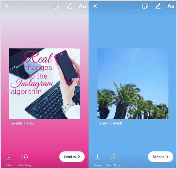 يُظهر المنشور المعاد مشاركته في قصة Instagram المنشور الأصلي كصورة مربعة مع اسم مستخدم الحساب تحتها.