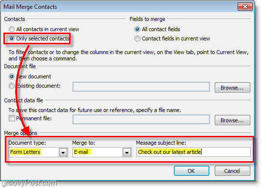 لقطة شاشة Outlook 2010 - تأكد من صحة الخيارات ضمن جهات اتصال دمج المراسلات