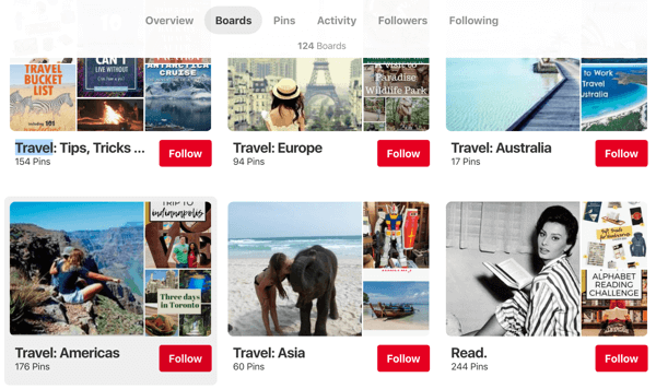 نصائح حول كيفية تحسين وصولك إلى Pinterest ، مثال 1 ، نصائح السفر Endless Bliss ، منطقة لوحات Pinterest المنظمة