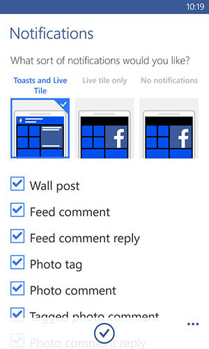 تطبيق facebook لخيارات إشعارات Windows