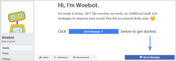 زر إرسال رسالة على صفحة Woebot Facebook.