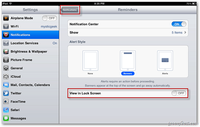 Apple iOS 5: قم بتعطيل الإخطارات من العرض على شاشة القفل