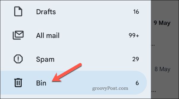 فتح سلة المهملات في Gmail على الهاتف المحمول