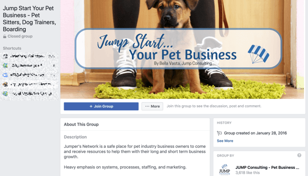 كيفية استخدام ميزات مجموعات Facebook ، مثال على المجموعة لـ Jump Start Your Pet Business