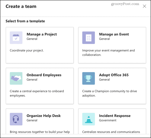 حدد أحد قوالب Microsoft Teams