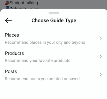 مثال على دليل إنشاء instagram اختر قائمة نوع الدليل التي تقدم خيارات للأماكن والمنتجات و postexample instagram قم بإنشاء دليل اختر قائمة نوع الدليل التي تقدم خيارات للأماكن والمنتجات و المشاركات