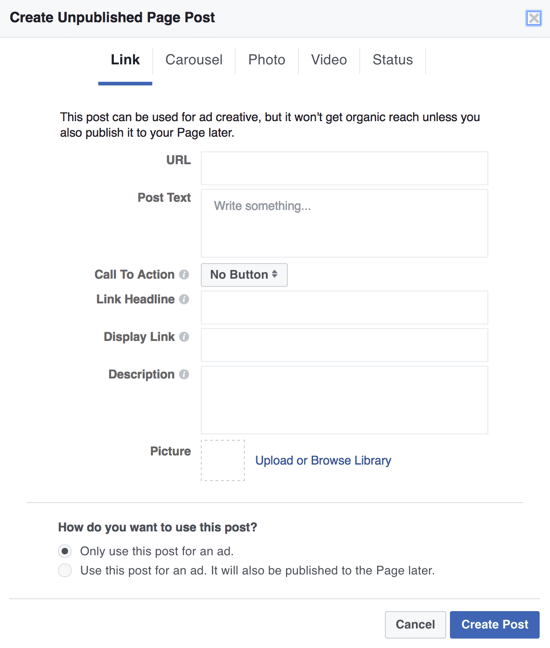 لإنشاء منشورات داكنة على Facebook كإعلانات ، يمكنك استخدام Power Editor وتحديد Only Use This Post لإعلان.