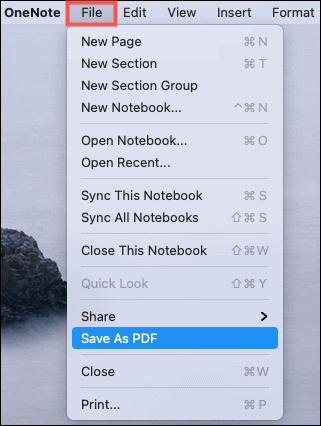 حفظ كملف PDF OneNote Mac