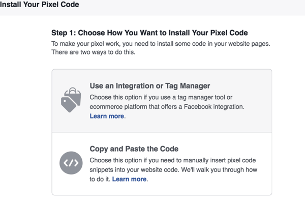 اختر الطريقة التي تريد استخدامها لتثبيت Facebook pixel.