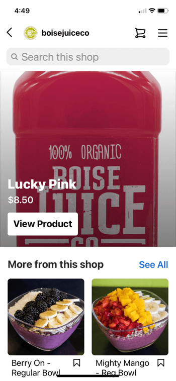 مثال على تسوق منتج إنستغرام منboisejuiceco يُظهر اللون الوردي المحظوظ مقابل 8.50 دولارات وأقل من ذلك يظهر متجر التوت على وعاء عادي ، ووعاء مانجو عادي مع خيار البحث في المتجر