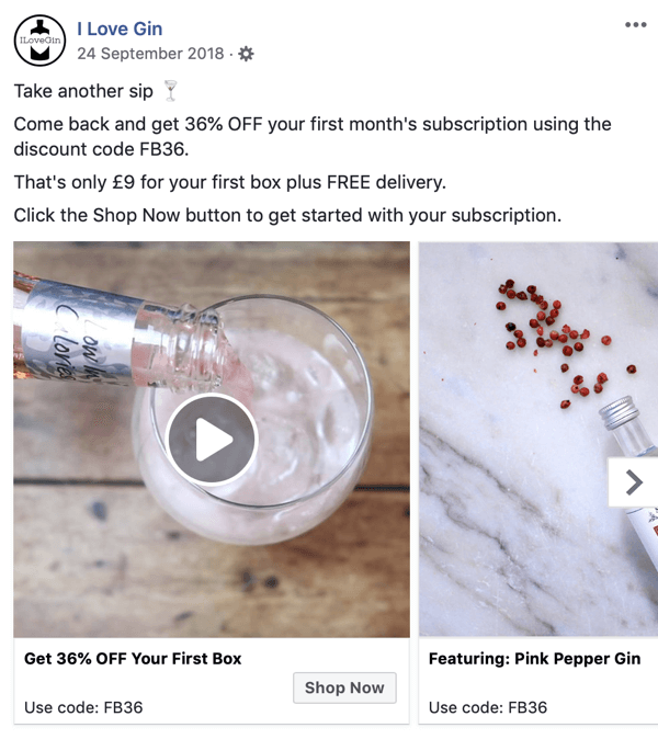 كيفية إنشاء إعلانات الوصول على Facebook ، الخطوة 8 ، مثال على تصميم إعلان بواسطة I Love Gin