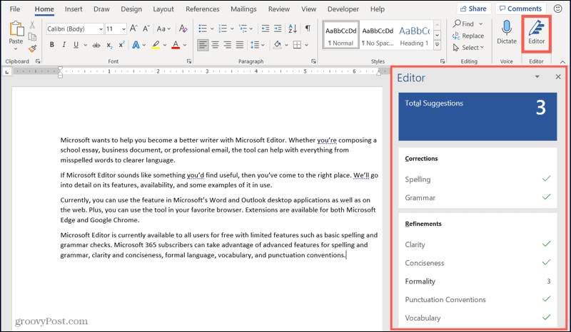 محرر Microsoft في Word على Windows