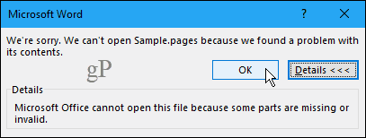 لا يمكن فتح مستند Pages في Word