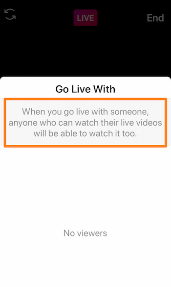 لقطة شاشة لـ Instagram Live تظهر الرسالة ، عندما تذهب مباشرة مع شخص ما ، سيتمكن أي شخص يمكنه مشاهدة مقاطع الفيديو المباشرة الخاصة به من مشاهدتها أيضًا.