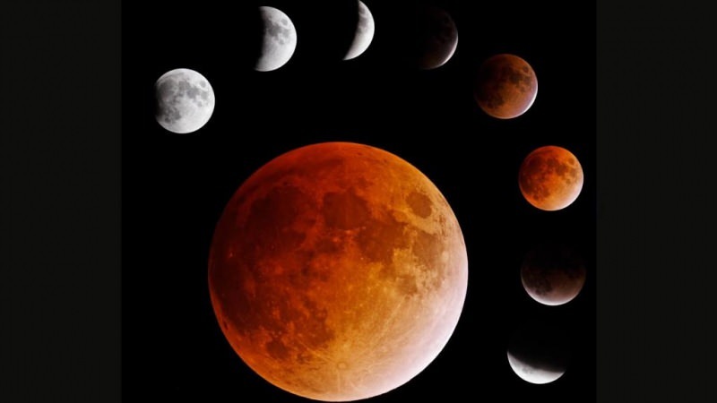 يشهد الكسوف رؤية القمر يسقط في ظل العالم بألوان مختلفة مع أشعة الشمس المنعكسة.