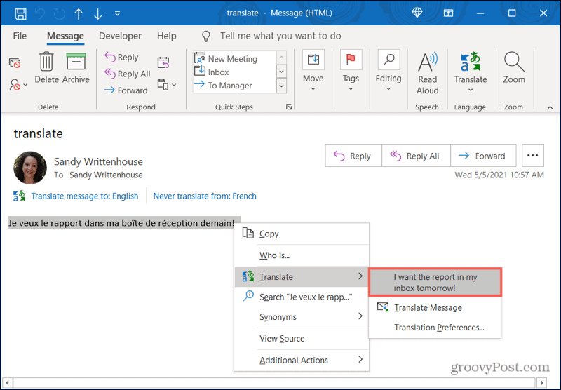 انقر بزر الماوس الأيمن للترجمة في Outlook