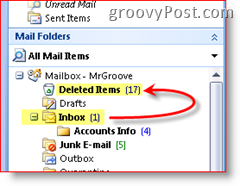 لقطة شاشة لبرنامج Outlook 2007 توضح نقل العناصر المحذوفة إلى مجلد العناصر المحذوفة