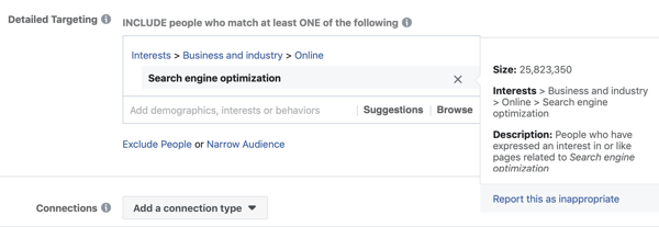 مثال على استهداف facebook القياسي من أجل تحسين محرك البحث الذي نتج عنه جمهور كبير جدًا يصل إلى 25 مليونًا.