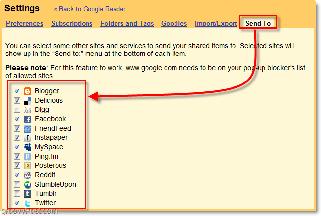 استخدم علامة التبويب الإرسال إلى في قارئ google لتحديد المواقع التي تظهر في قائمة الإرسال إلى