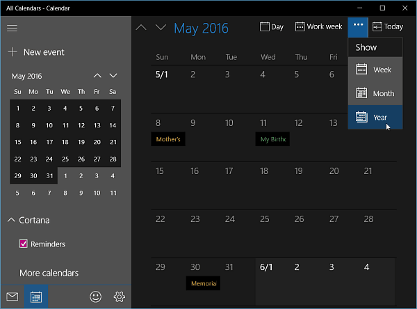 تطبيق التقويم لـ Windows 10 Insider Build 11099 يحصل على عرض السنة