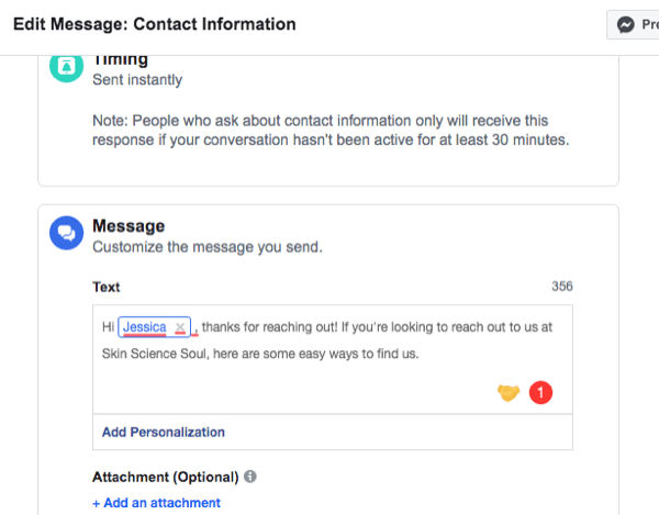 لقطة شاشة لواجهة الإعداد للاستجابة التلقائية لمعلومات الاتصال على Facebook Messenger